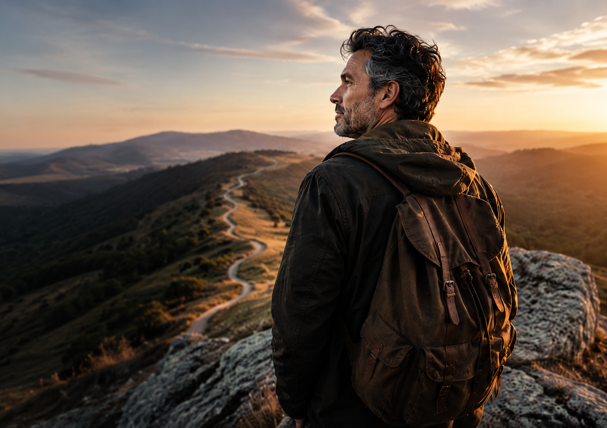 A midlife man with a backpack looking across a winding mountain path at sunset
