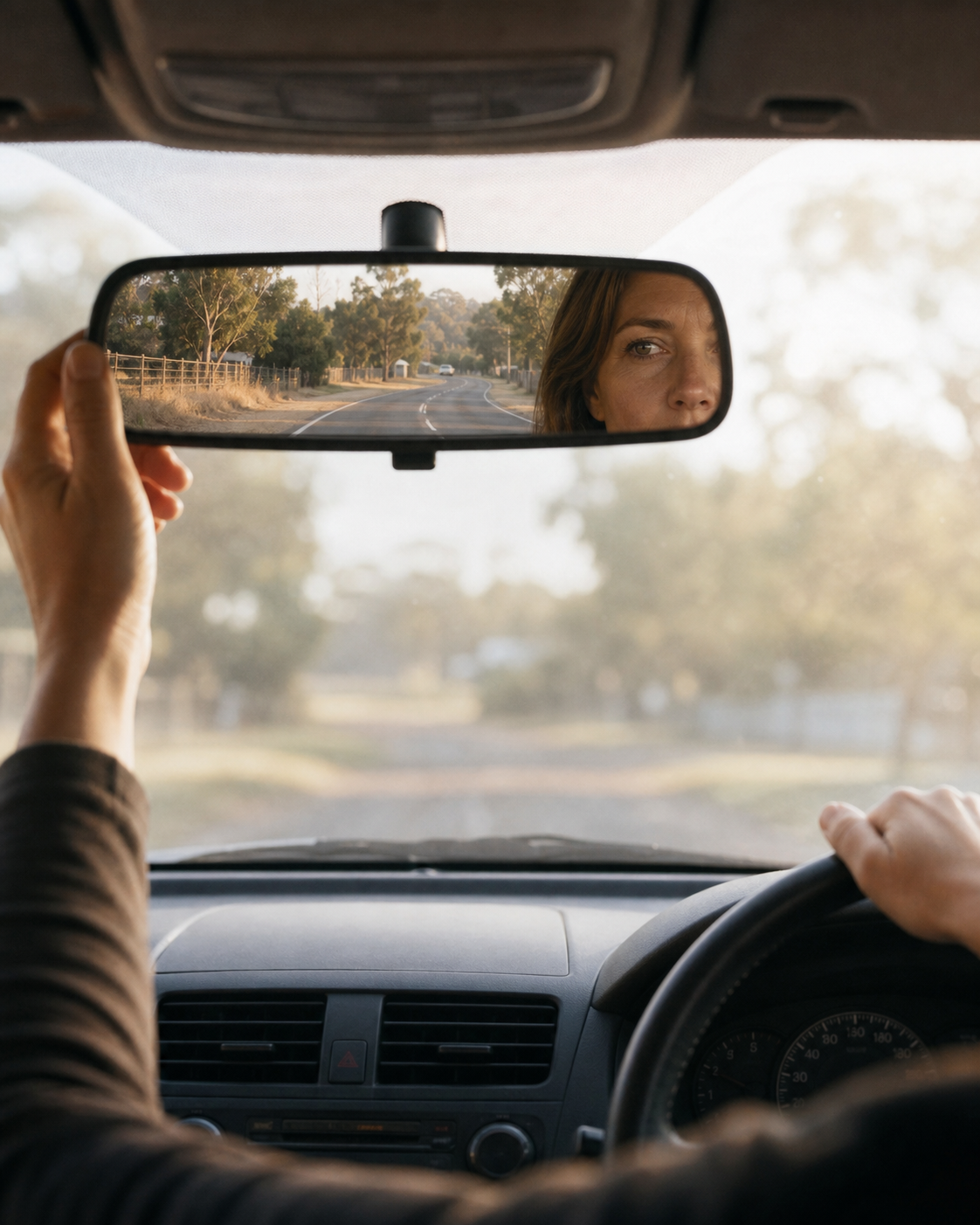 The Long Way Back midlife reflection guide beside a rear-view mirror reflecting a long, quiet road through a muted Australian landscape.