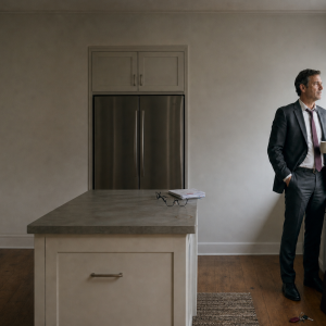 A contemplative midlife man in a charcoal suit pauses beside a kitchen window, holding coffee with his briefcase and keys at his feet.