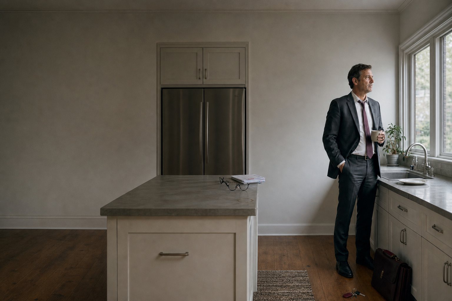 A contemplative midlife man in a charcoal suit pauses beside a kitchen window, holding coffee with his briefcase and keys at his feet.