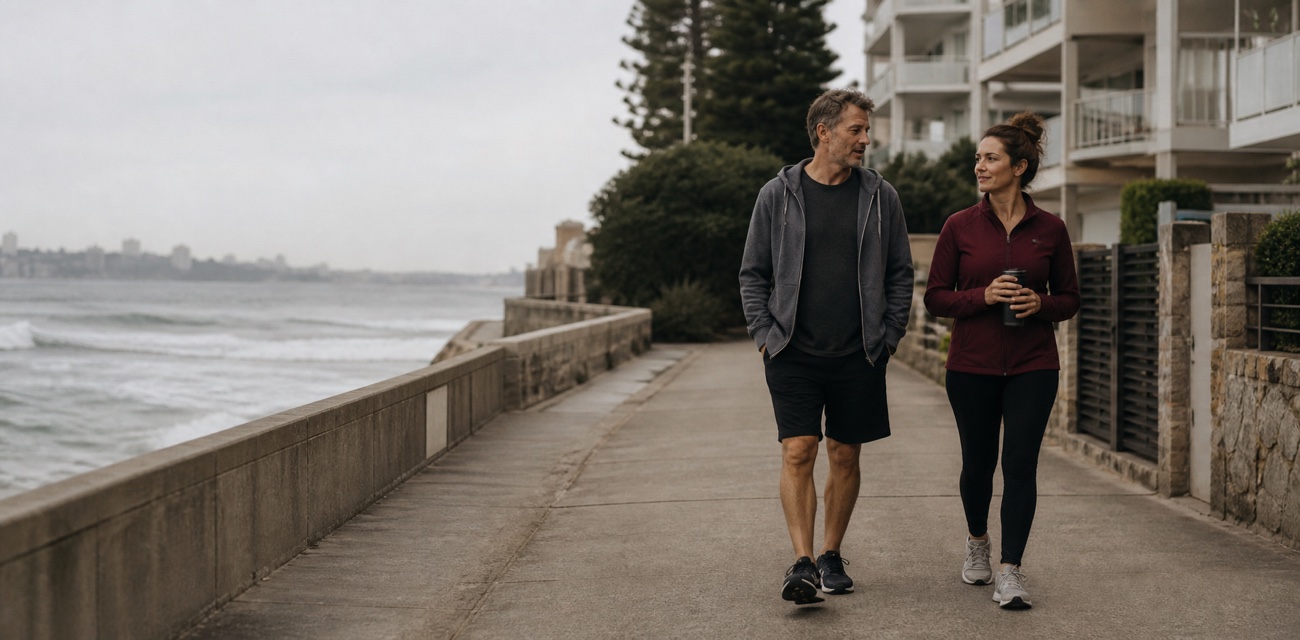 Two midlife adults walking together in candid conversation beside the coast
